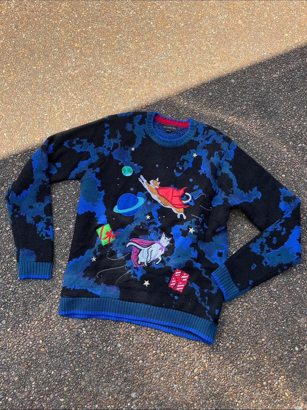 BLIZZARD BAY Men's Black & Blue Space Cat Crewneck UGLY Sweater CATS CHRISTMAS